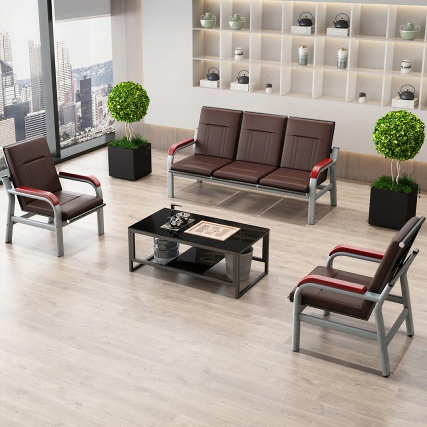 3-Seat Reception Sofa with Wooden Armrests