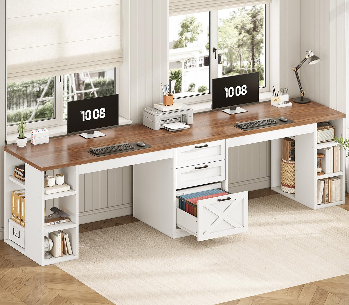 Farmhouse Double Computer Desk with Storage Shelves
