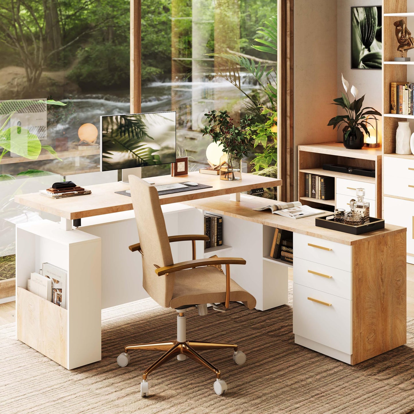 L-Shaped Standing Desk with File Cabinet & USB Power