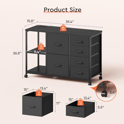 6-Drawer Rolling File Cabinet with Charging Station