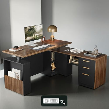 L-Shaped Standing Desk with File Cabinet & USB Power