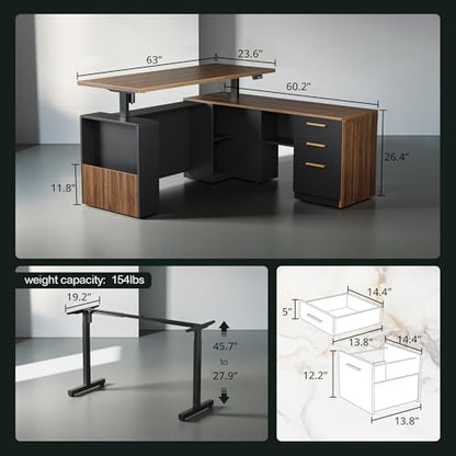 L-Shaped Standing Desk with File Cabinet & USB Power