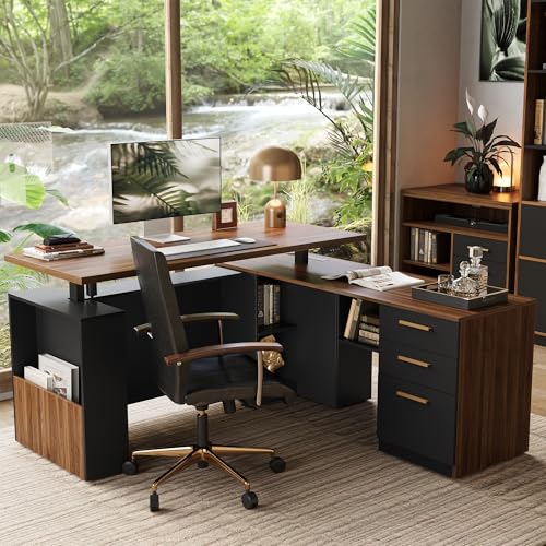 L-Shaped Standing Desk with File Cabinet & USB Power