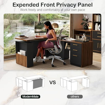L-Shaped Standing Desk with File Cabinet & USB Power