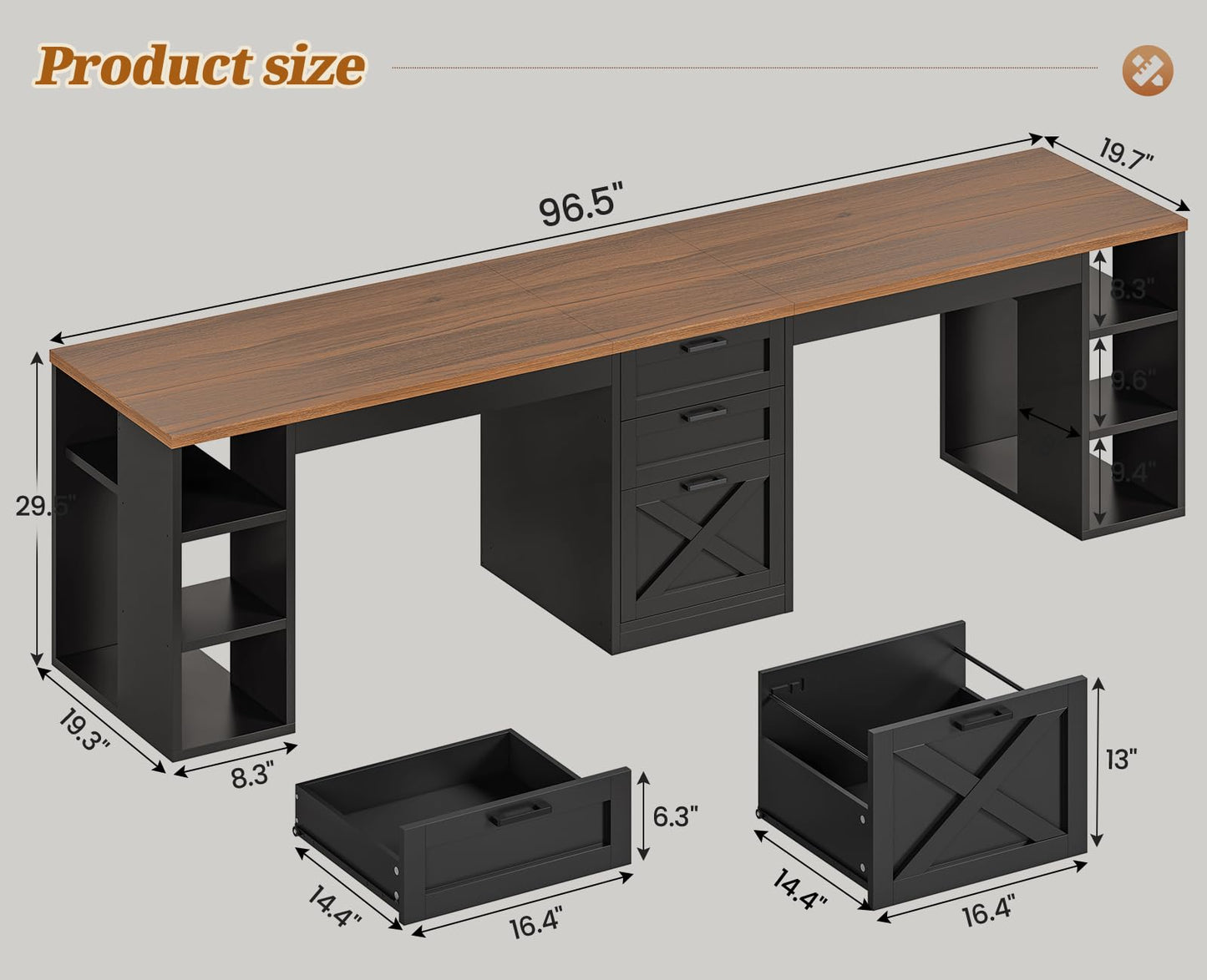 Farmhouse Double Computer Desk with Storage Shelves