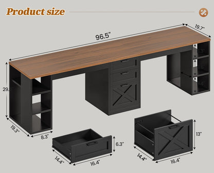 Farmhouse Double Computer Desk with Storage Shelves