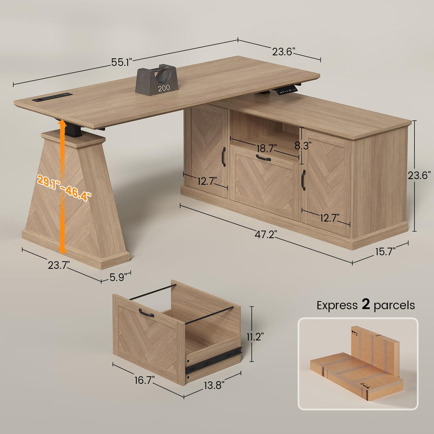 Farmhouse L-Shaped Standing Desk with Storage Cabinets