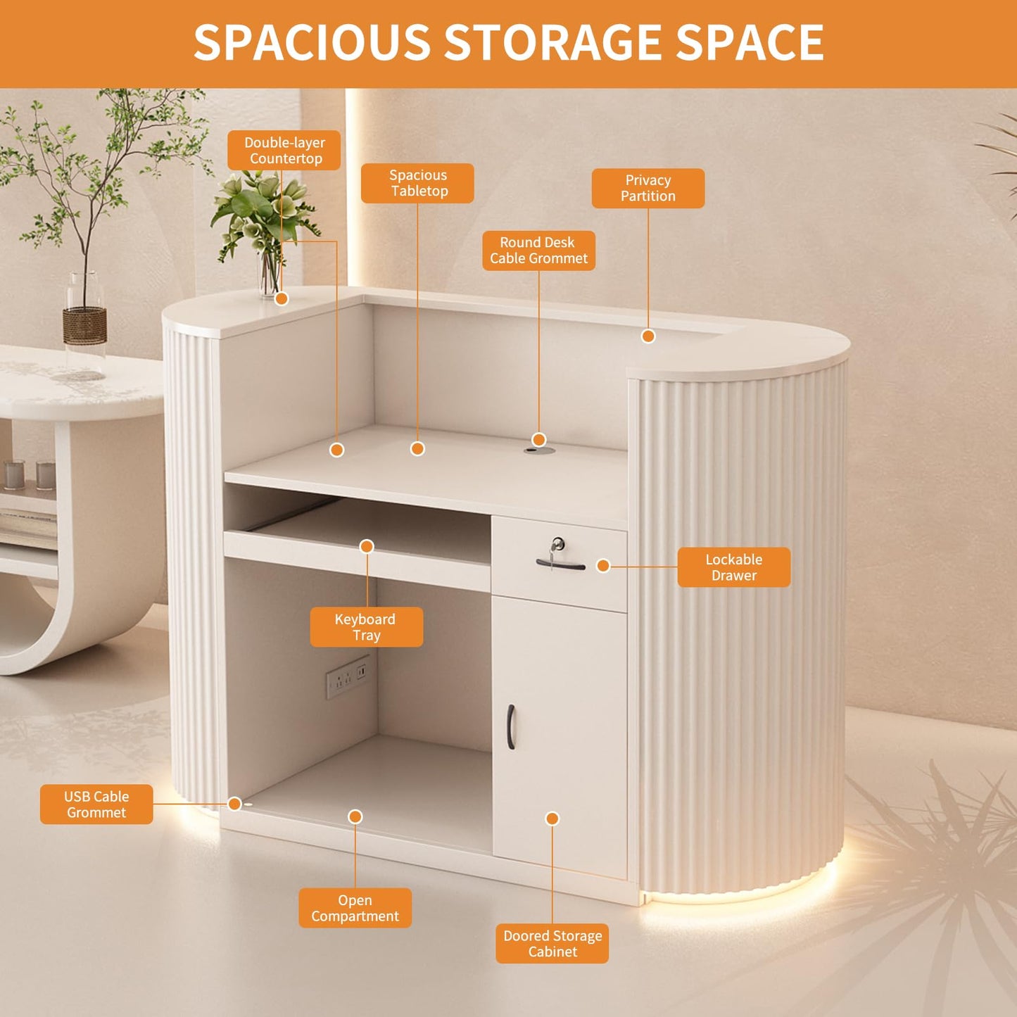 Reception Desk with Storage Cabinet & LED Lighting