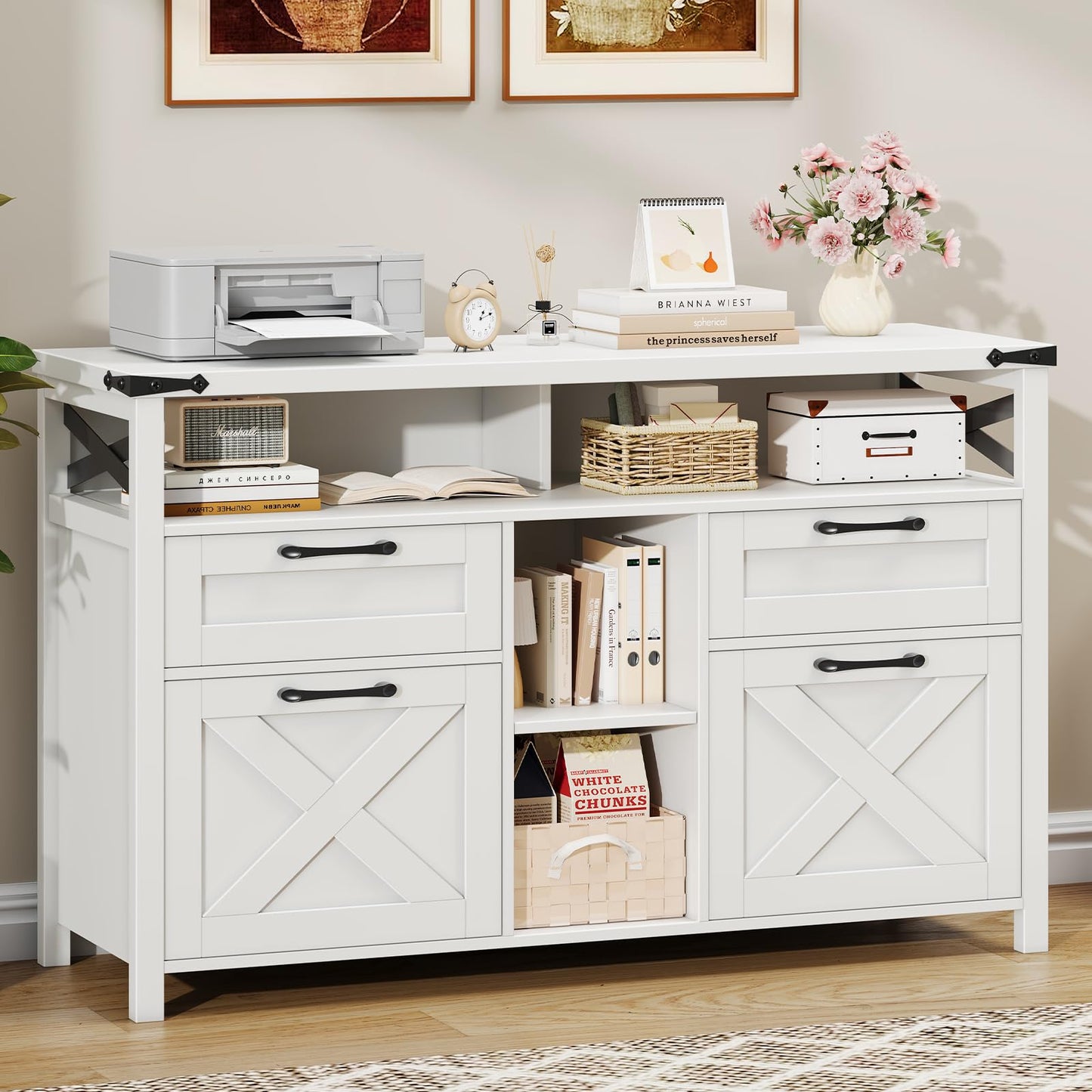 Farmhouse File Cabinet with Storage Drawers & Open Shelves