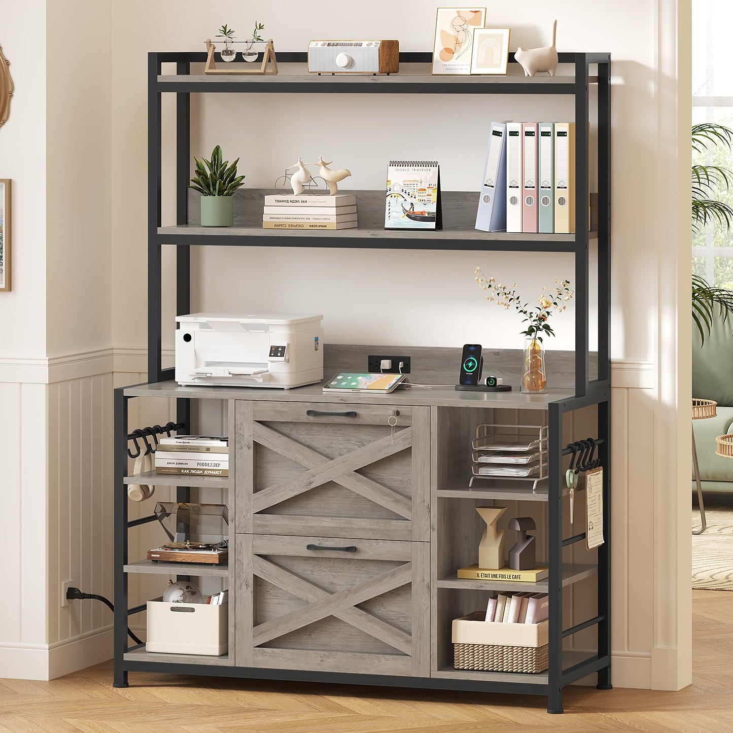 2-Drawer File Cabinet with Power Outlet & Storage Shelves