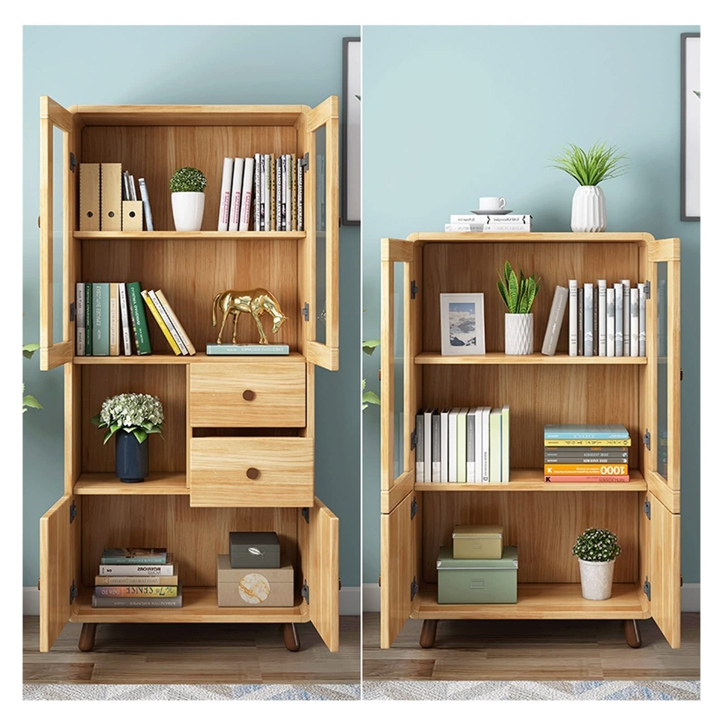 Bookcase with Glass Doors & Storage Cabinet