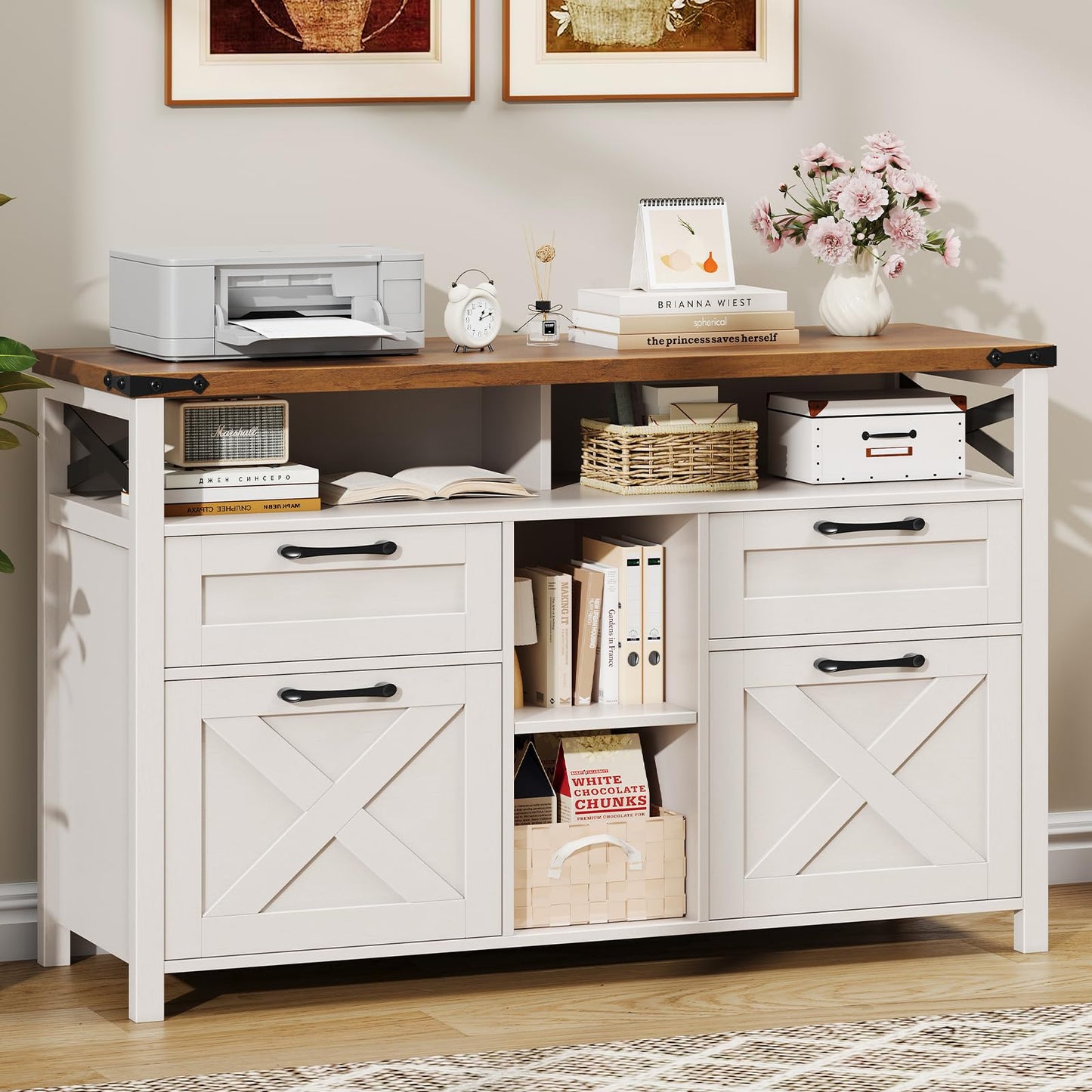 Farmhouse File Cabinet with Storage Drawers & Open Shelves