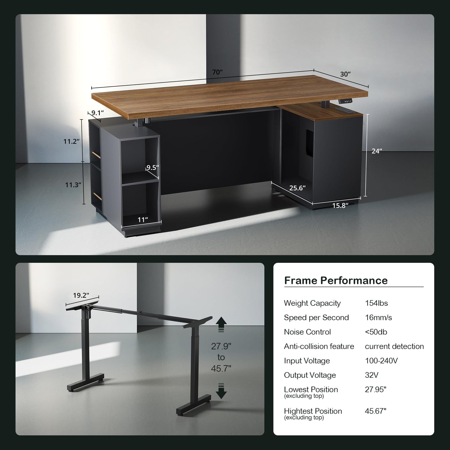 L-Shaped Standing Desk with File Cabinet & USB Charging