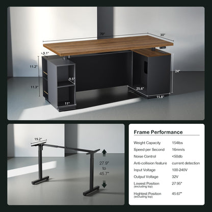 L-Shaped Standing Desk with File Cabinet & USB Charging