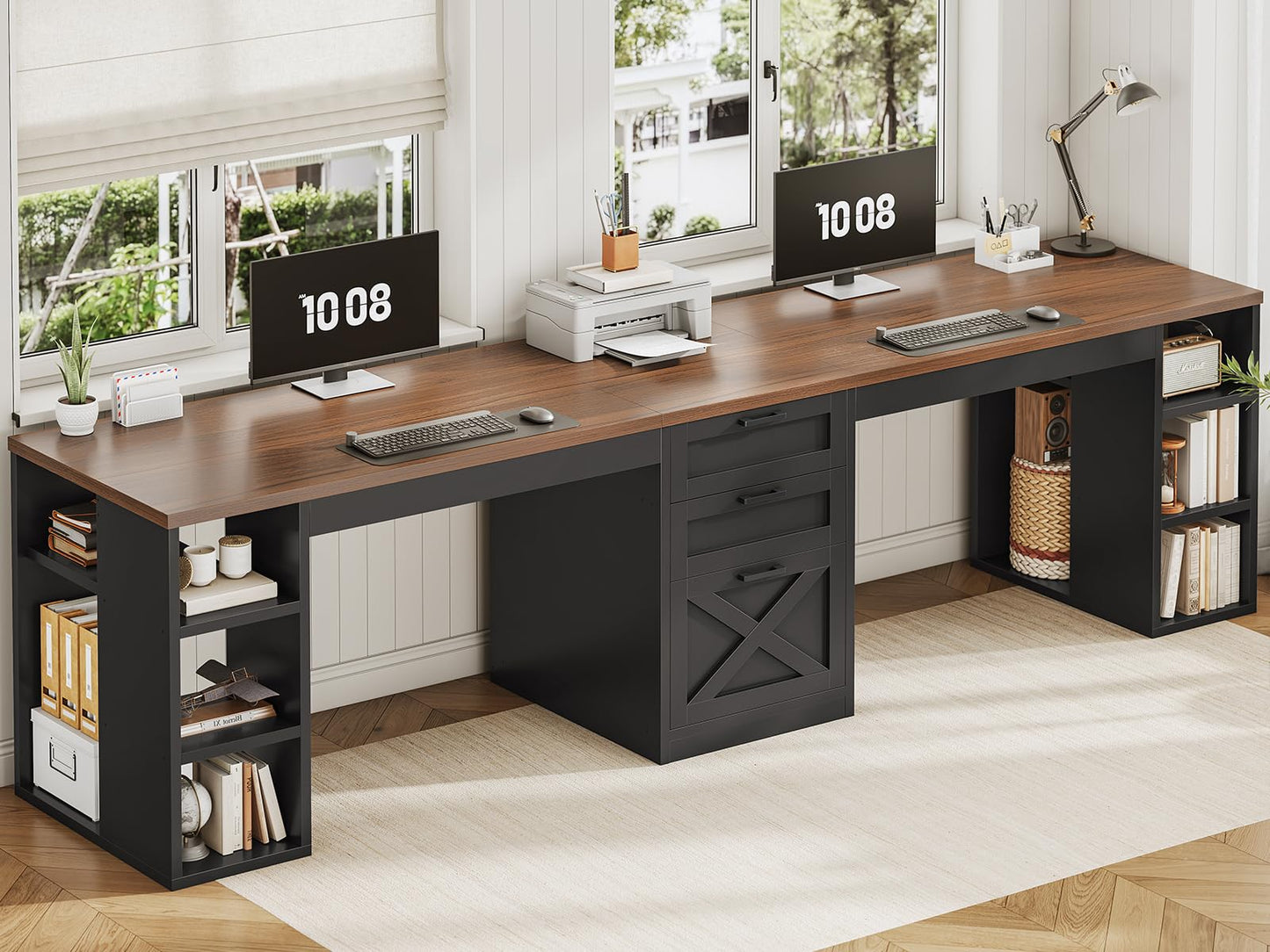 Farmhouse Double Computer Desk with Storage Shelves