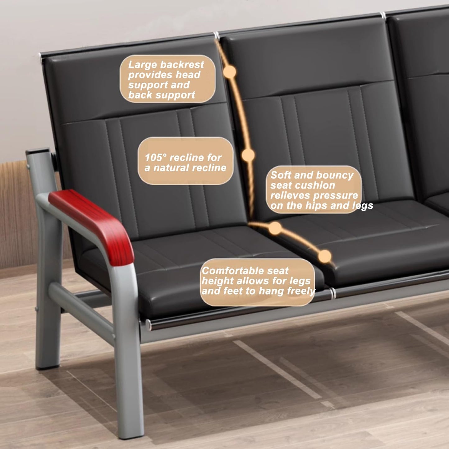 3-Seat Reception Sofa with Wooden Armrests