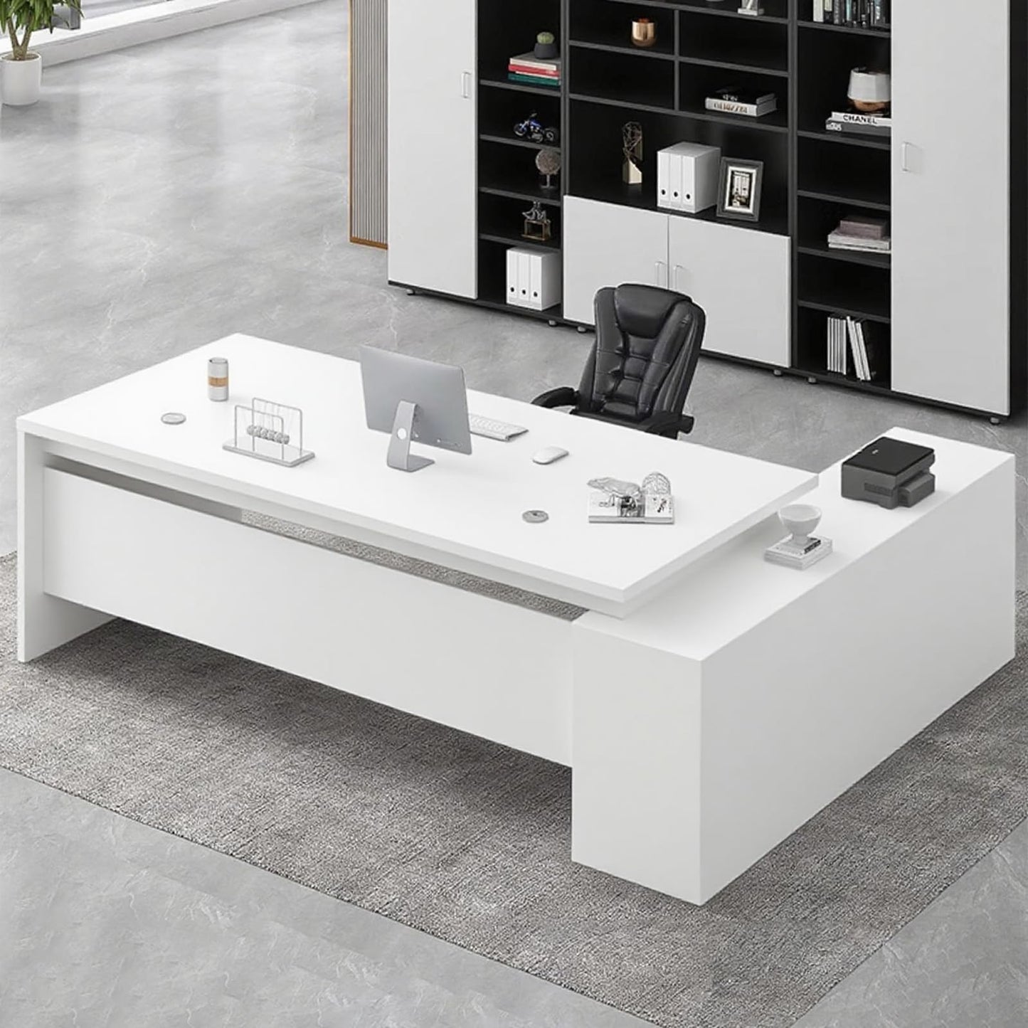 Executive L-Shaped Office Desk with Storage Cabinets
