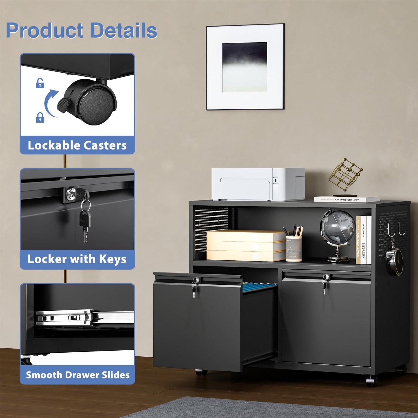 Mobile Lateral File Cabinet with Storage Shelves