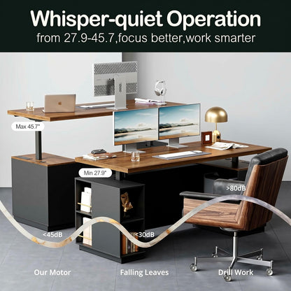 L-Shaped Standing Desk with File Cabinet & USB Charging