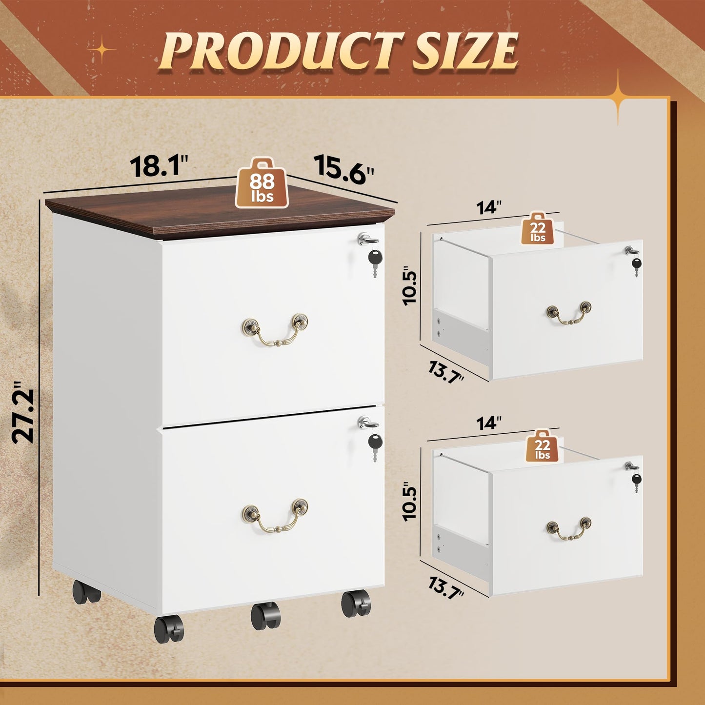 2-Drawer Rolling File Cabinet with Lock