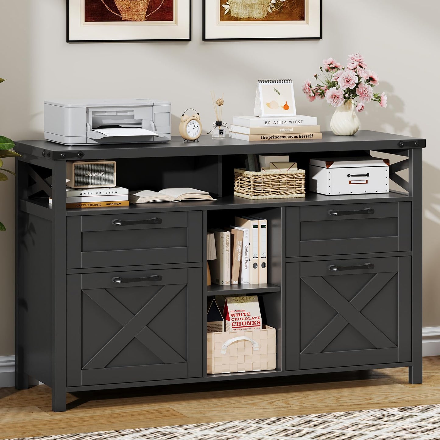 Farmhouse File Cabinet with Storage Drawers & Open Shelves