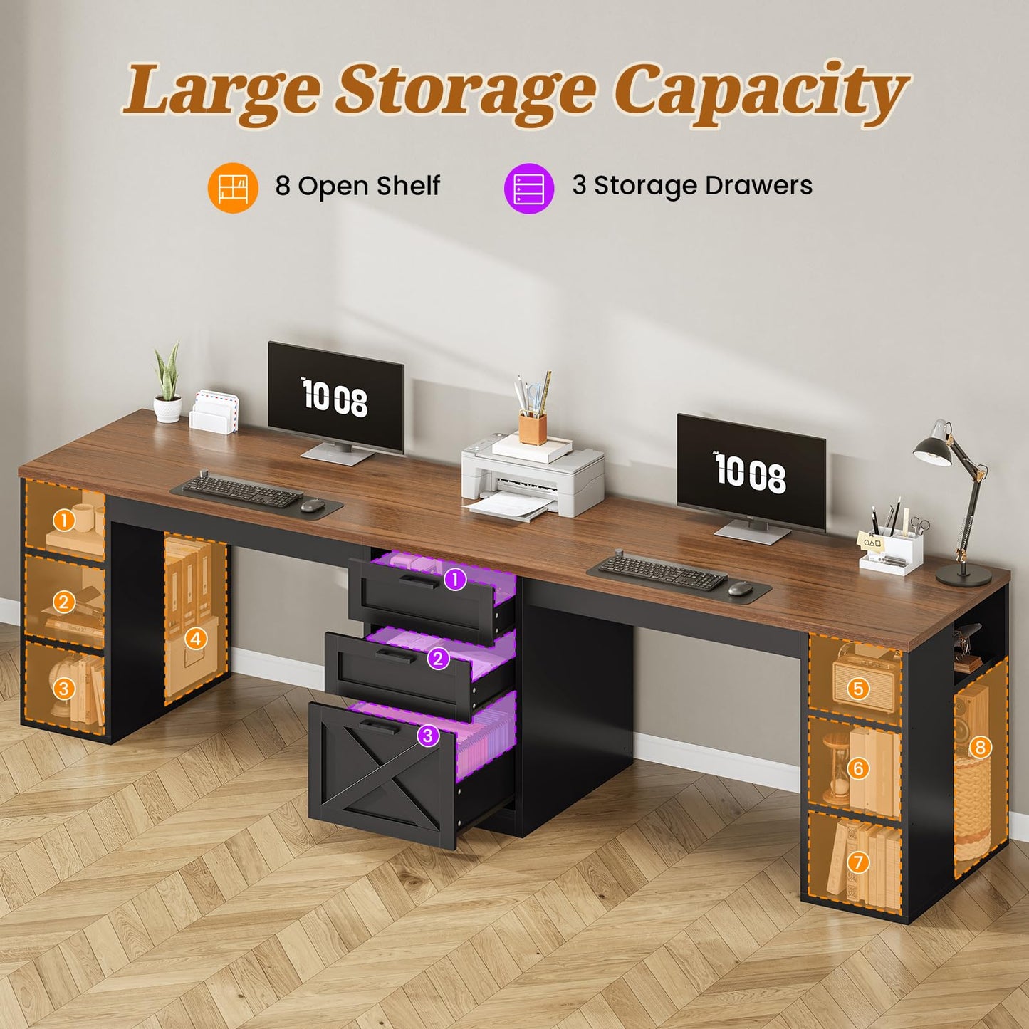 Farmhouse Double Computer Desk with Storage Shelves