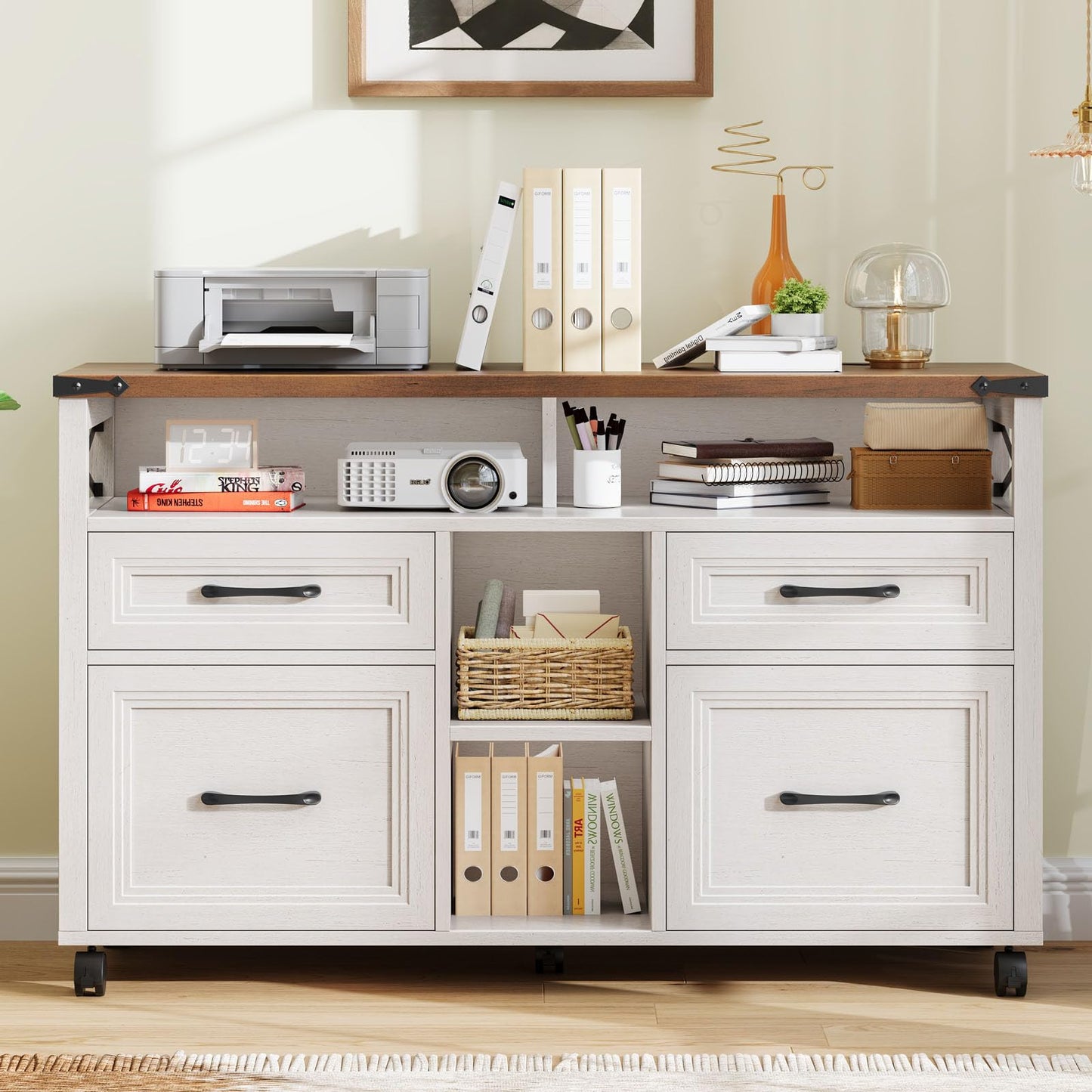 Farmhouse File Cabinet with Storage Drawers & Open Shelves