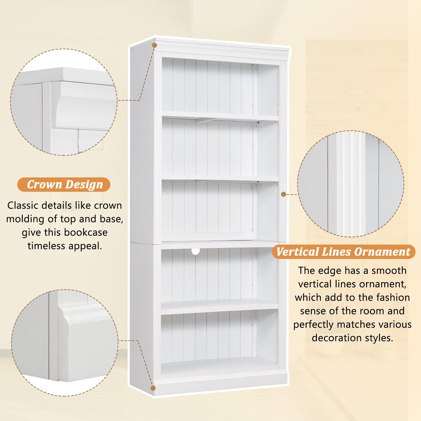 Tall Bookcase with LED Lighting & Adjustable Shelves