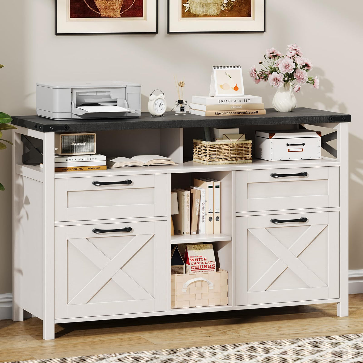 Farmhouse File Cabinet with Storage Drawers & Open Shelves