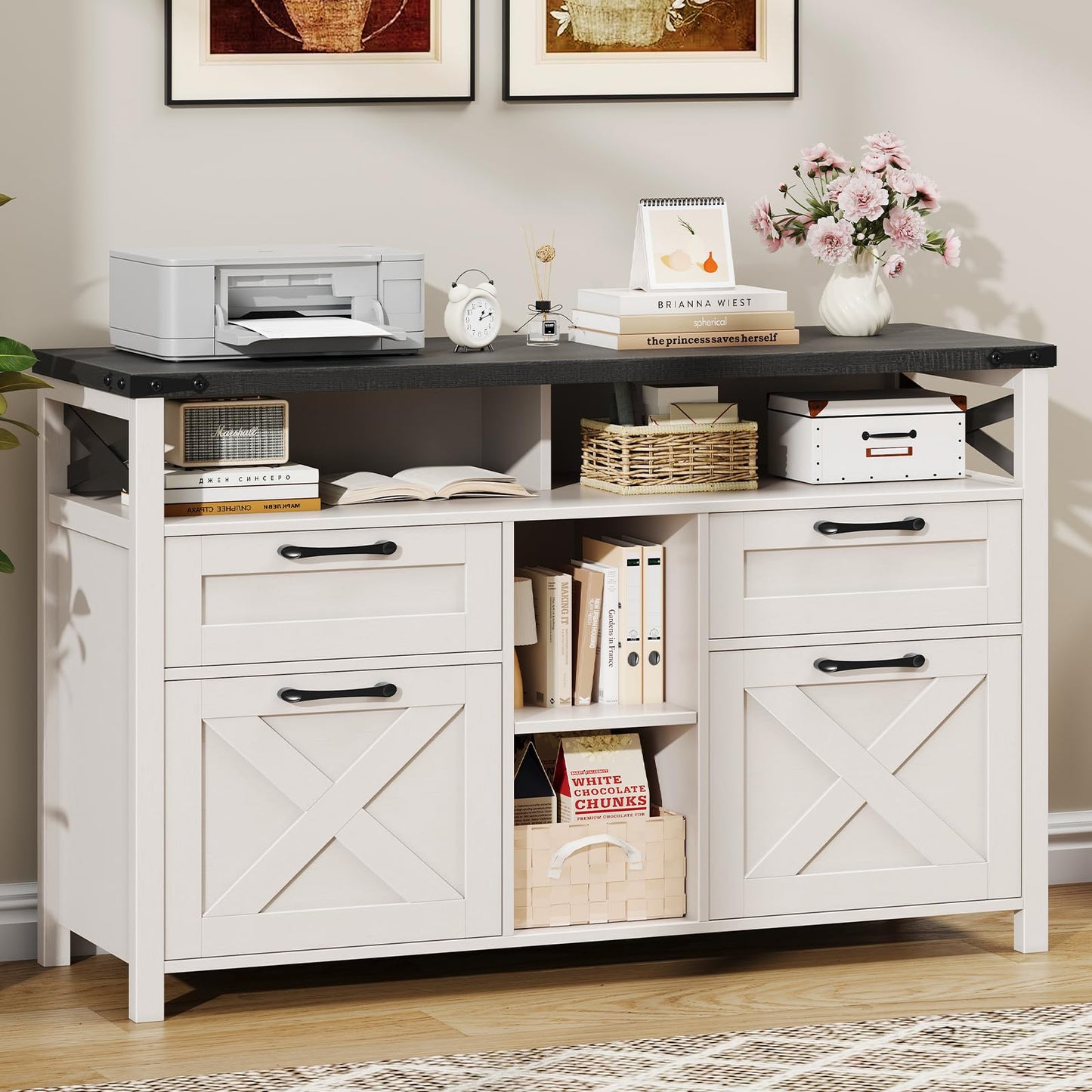 Farmhouse File Cabinet with Storage Drawers & Open Shelves