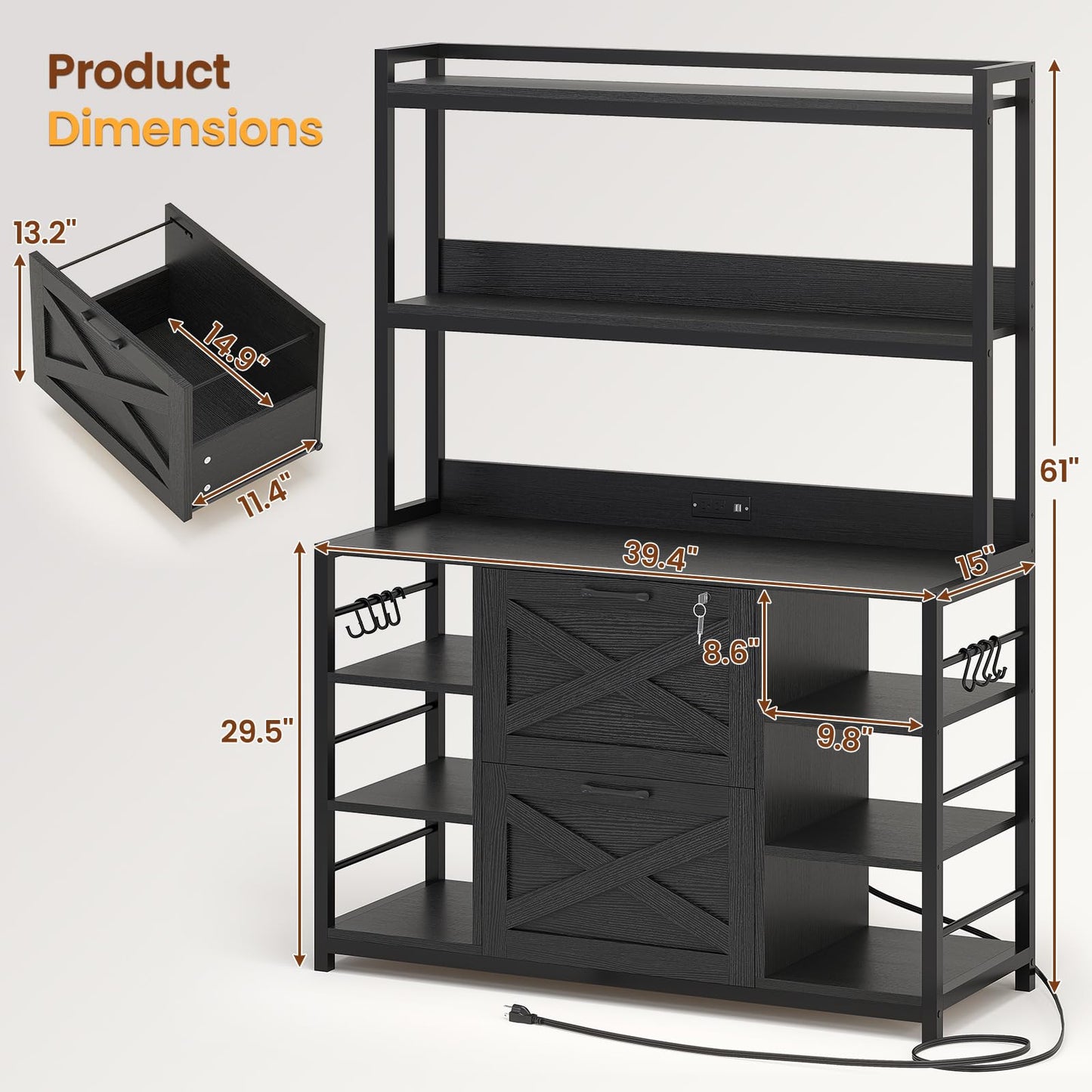 2-Drawer File Cabinet with Power Outlet & Storage Shelves