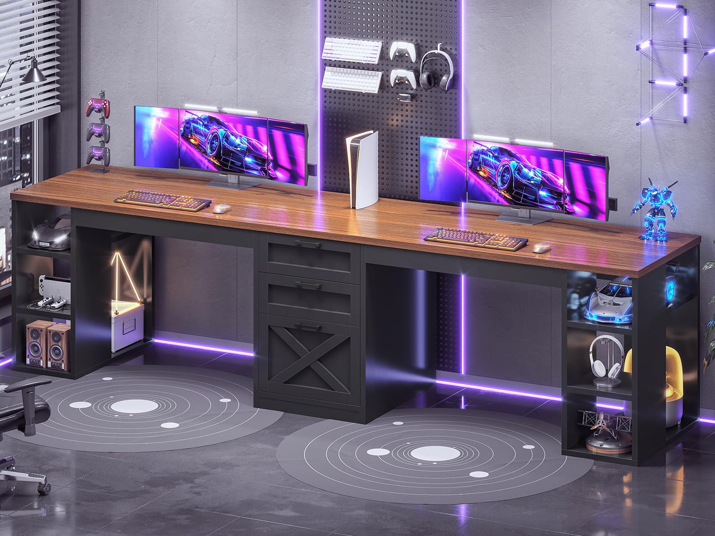 Farmhouse Double Computer Desk with Storage Shelves
