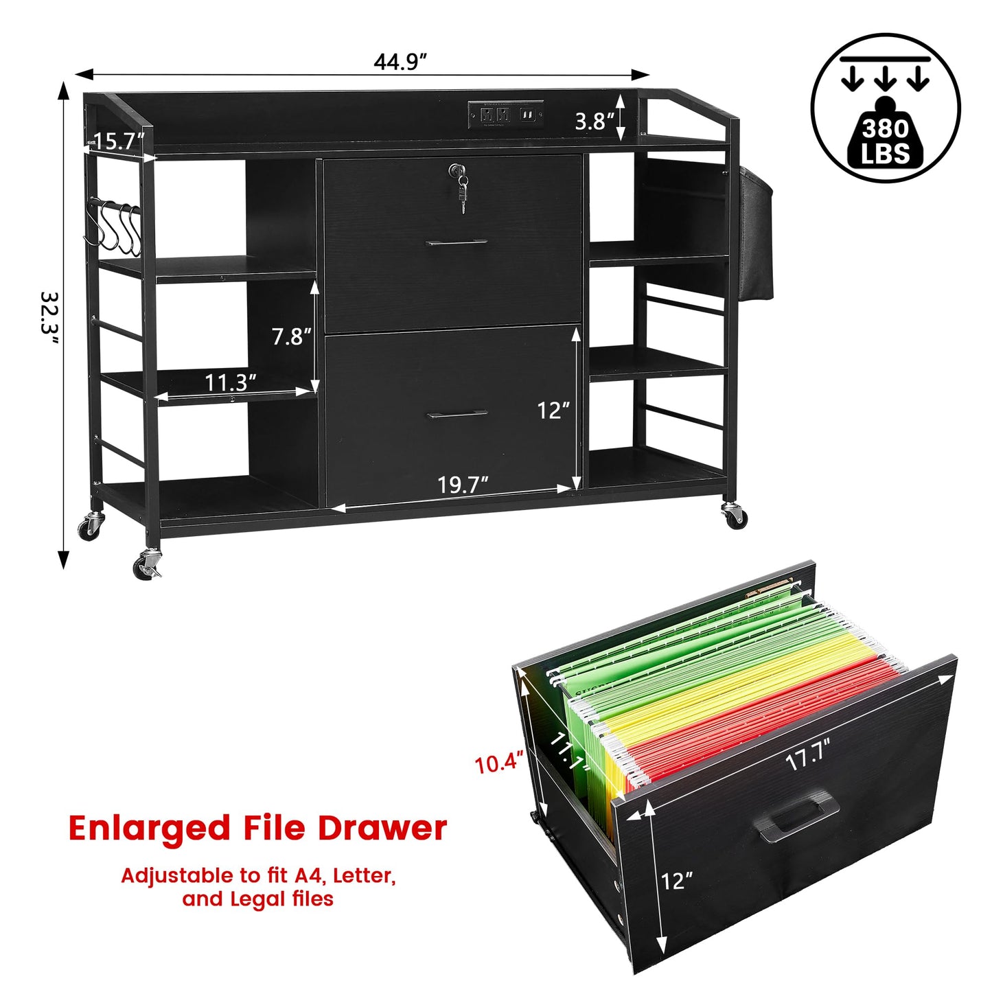Mobile File Cabinet with Power Outlet & Storage Shelves