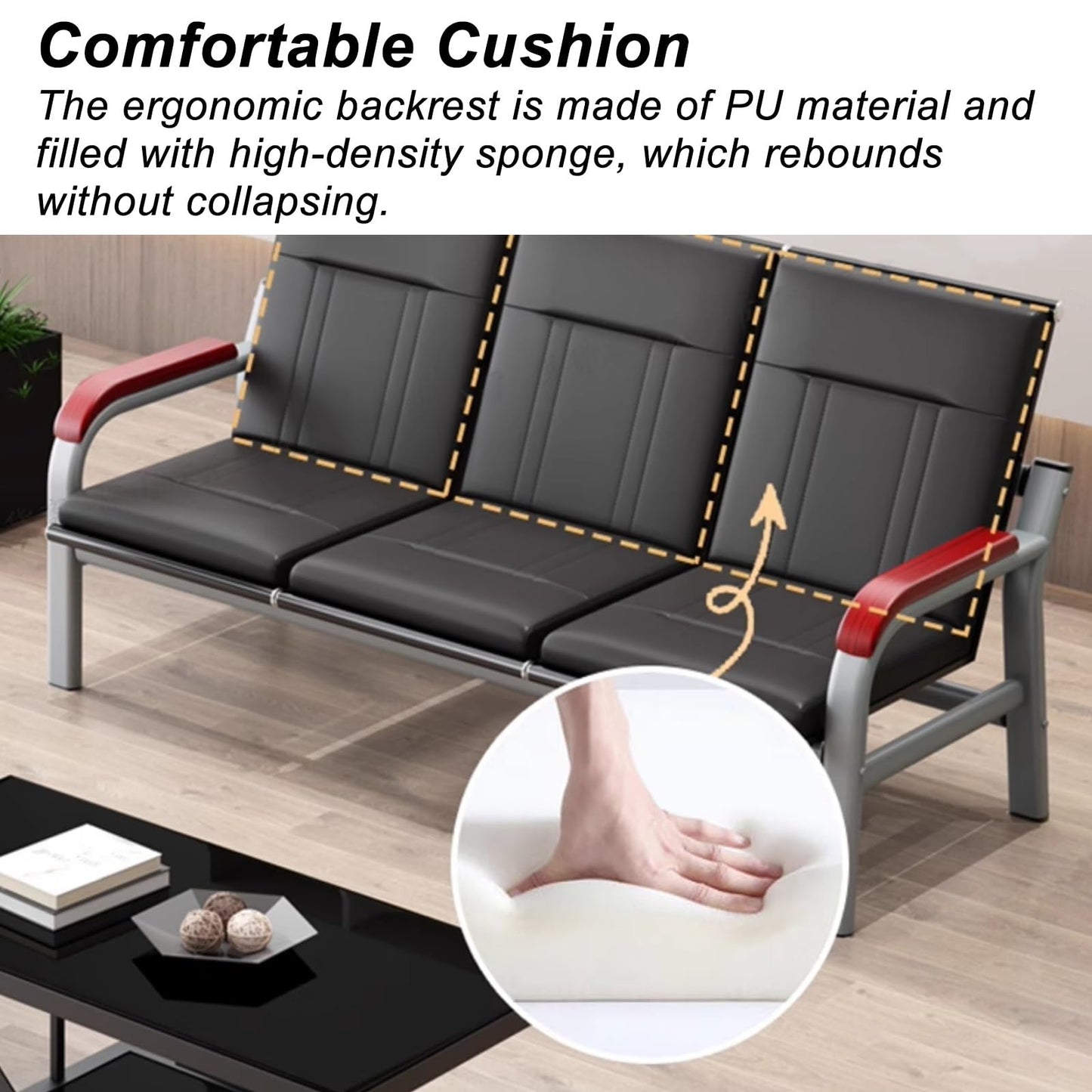 3-Seat Reception Sofa with Wooden Armrests