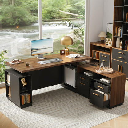 L-Shaped Standing Desk with File Cabinet & USB Charging