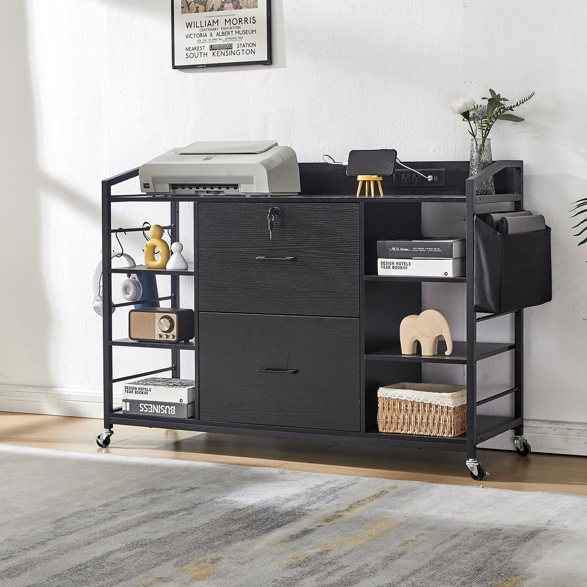 Mobile File Cabinet with Power Outlet & Storage Shelves