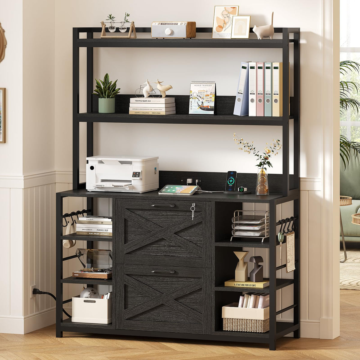 2-Drawer File Cabinet with Power Outlet & Storage Shelves