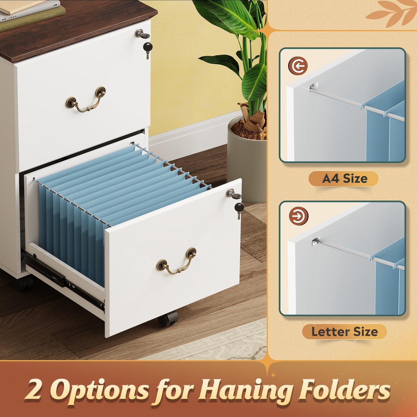 2-Drawer Rolling File Cabinet with Lock