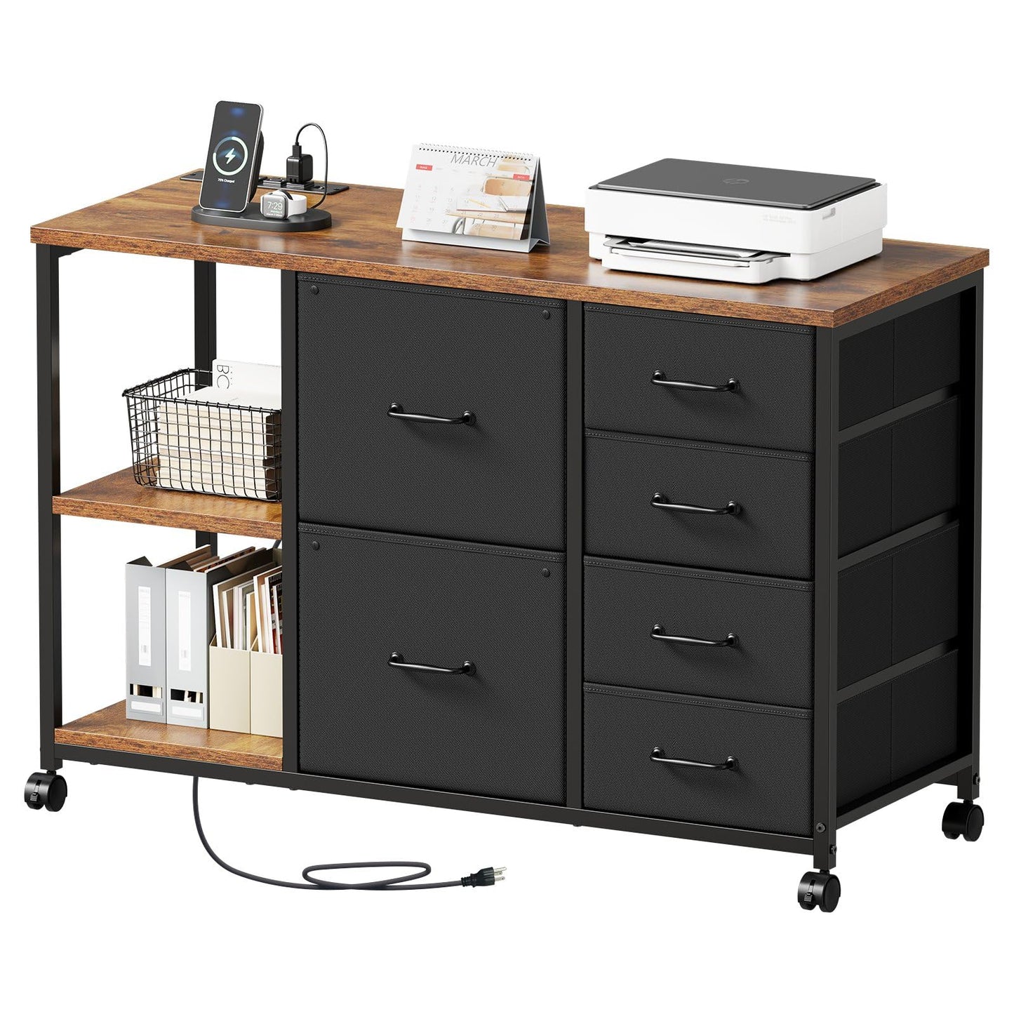 6-Drawer Rolling File Cabinet with Charging Station