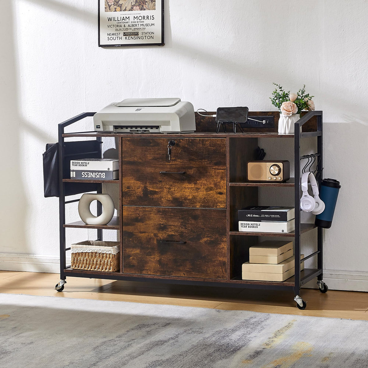 Mobile File Cabinet with Power Outlet & Storage Shelves