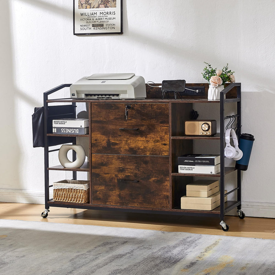 Mobile File Cabinet with Power Outlet & Storage Shelves