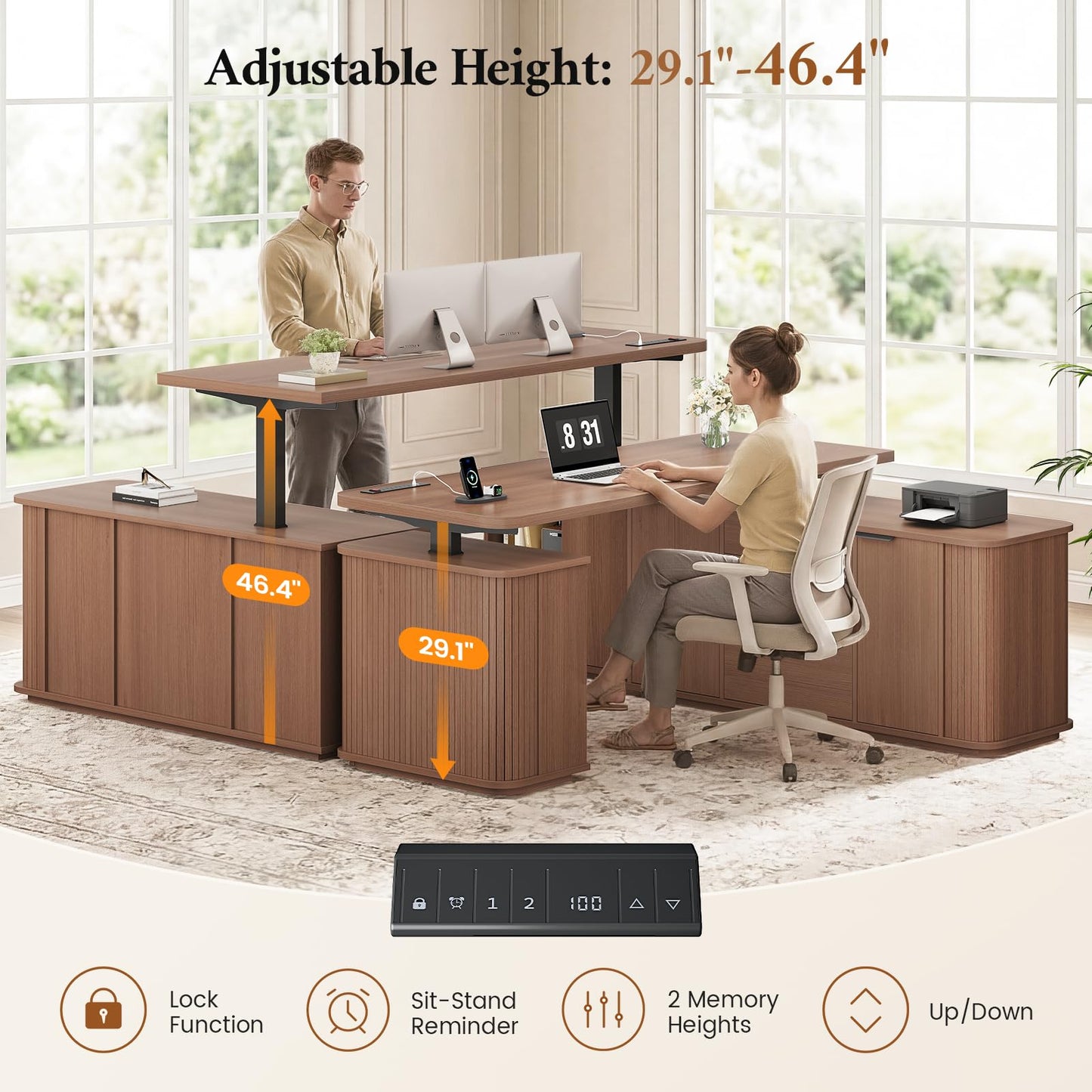 L-Shaped Standing Desk with File Drawer & Storage Cabinet