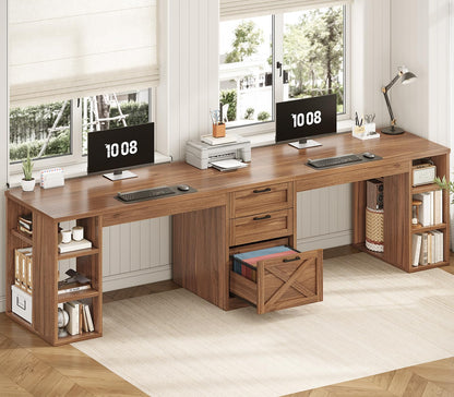 Farmhouse Double Computer Desk with Storage Shelves