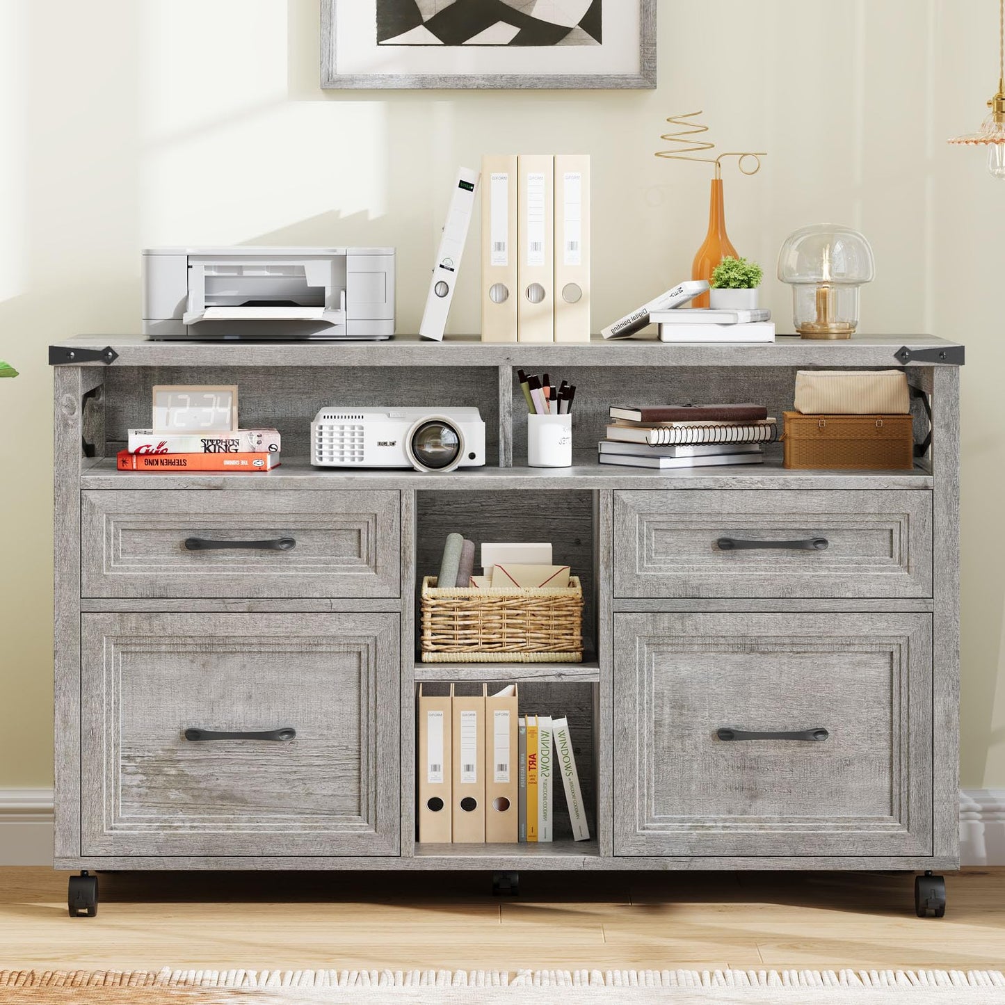 Farmhouse File Cabinet with Storage Drawers & Open Shelves