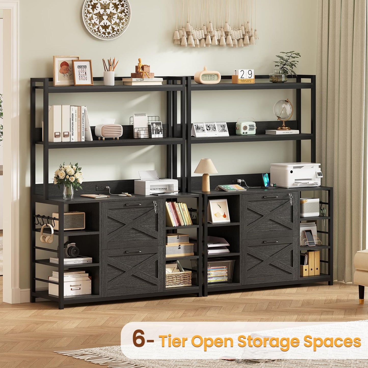 2-Drawer File Cabinet with Power Outlet & Storage Shelves