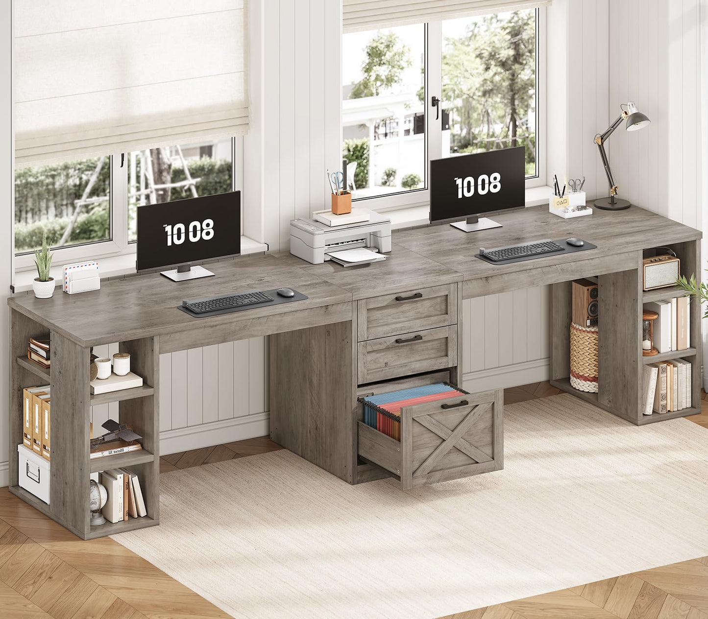 Farmhouse Double Computer Desk with Storage Shelves