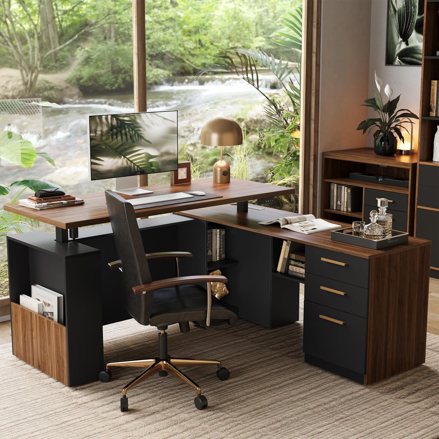 L-Shaped Standing Desk with File Cabinet & USB Power
