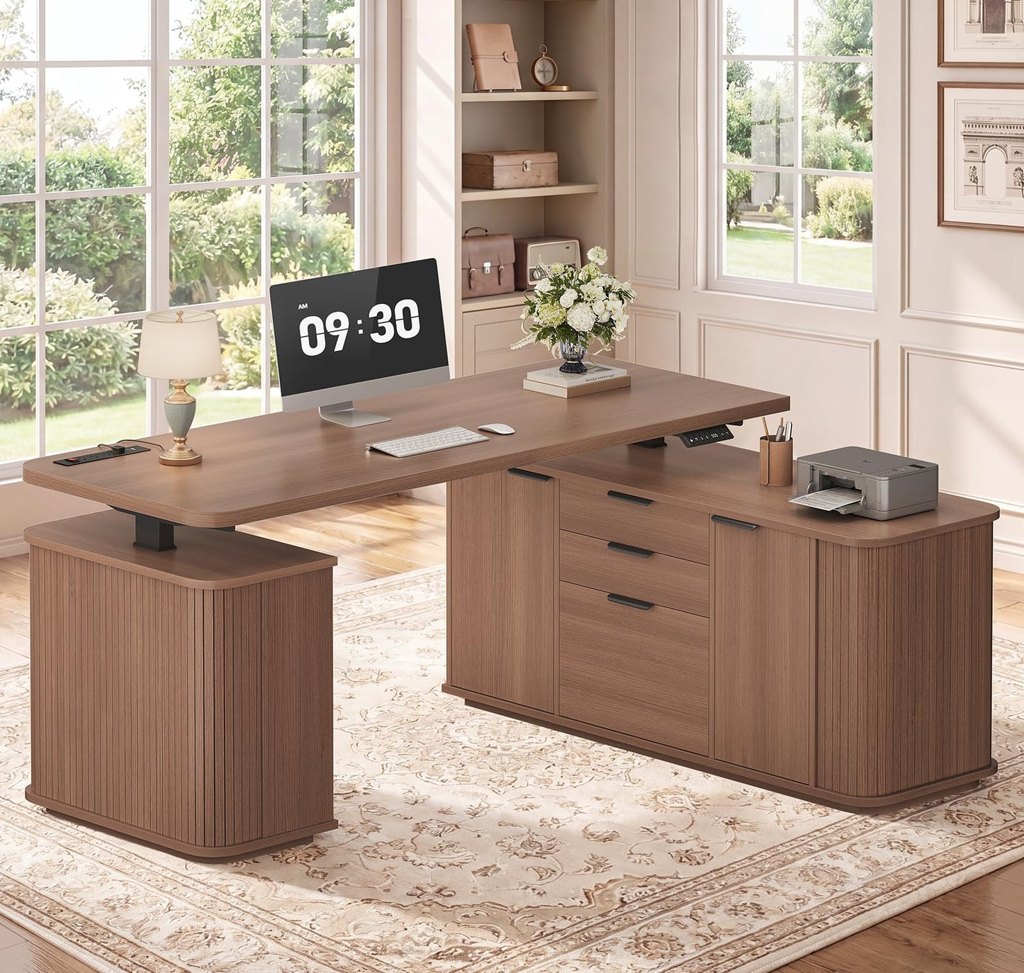 L-Shaped Standing Desk with File Drawer & Storage Cabinet