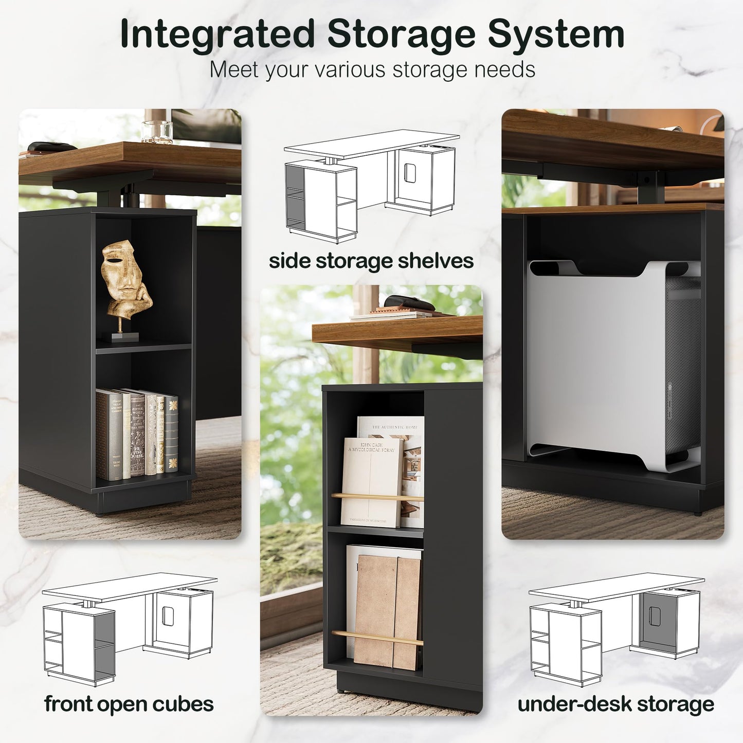 L-Shaped Standing Desk with File Cabinet & USB Charging