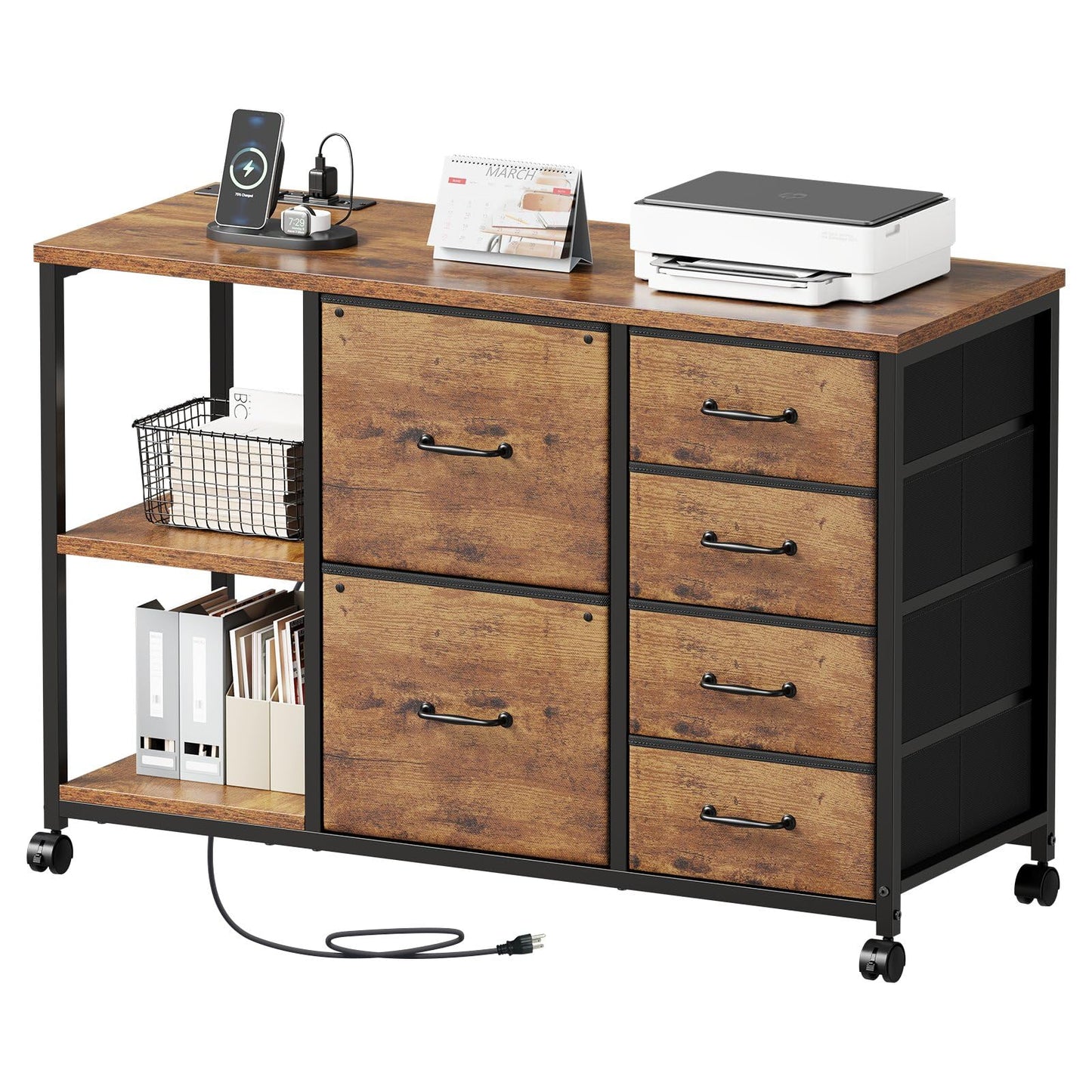 6-Drawer Rolling File Cabinet with Charging Station